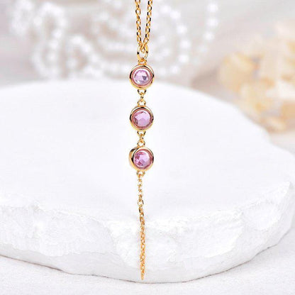 Natural Pink Sapphire Necklace | Certified Sapphire Y Drop Necklace | Three Stone Pink Sapphire Gold Tone Jewelry
