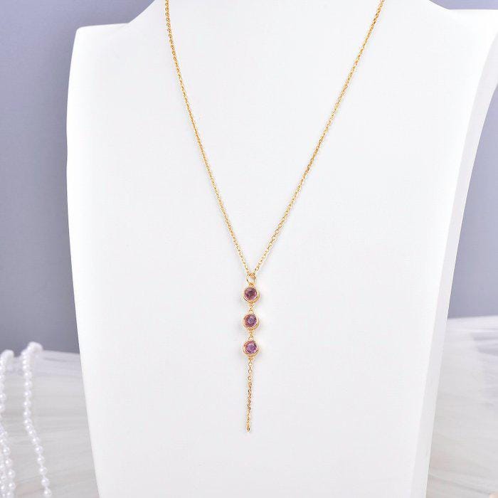 Natural Pink Sapphire Necklace | Certified Sapphire Y Drop Necklace | Three Stone Pink Sapphire Gold Tone Jewelry