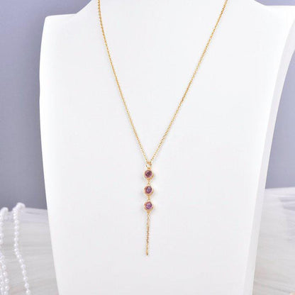 Natural Pink Sapphire Necklace | Certified Sapphire Y Drop Necklace | Three Stone Pink Sapphire Gold Tone Jewelry