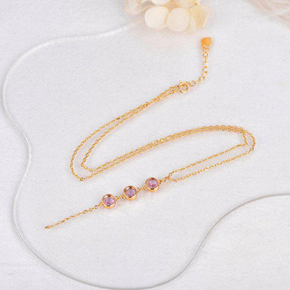 Natural Pink Sapphire Necklace | Certified Sapphire Y Drop Necklace | Three Stone Pink Sapphire Gold Tone Jewelry