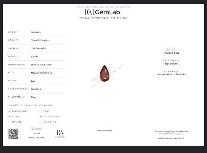 5.51 Ct Natural Pink Tourmaline Pear | Certified Orangish Pink Liddicoatite Tourmaline | Large Loose Gemstone ICA GemLab