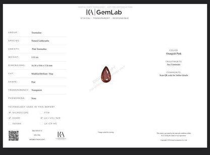 5.51 Ct Natural Pink Tourmaline Pear | Certified Orangish Pink Liddicoatite Tourmaline | Large Loose Gemstone ICA GemLab