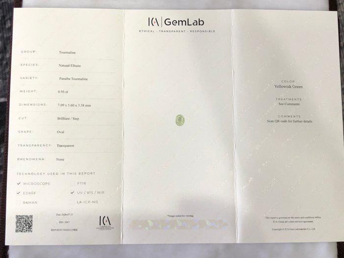 0.95 Ct Certified Oval Paraiba Tourmaline | Natural Yellowish Green Elbaite | Certified Gem