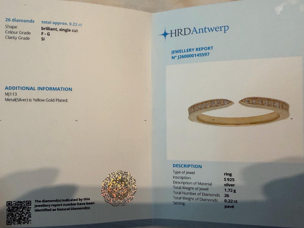 Certified Natural Diamond Chevron Ring, 0.22 CTW F-G SI Diamonds, Gold Plated Sterling Silver V Wedding Band, HRD Antwerp