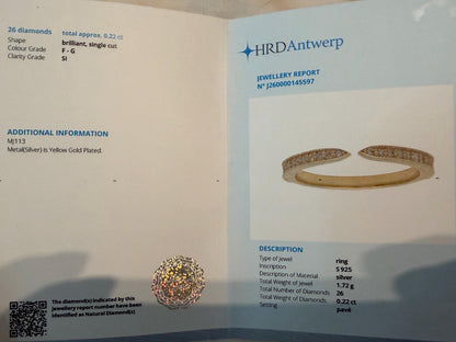 Certified Natural Diamond Chevron Ring, 0.22 CTW F-G SI Diamonds, Gold Plated Sterling Silver V Wedding Band, HRD Antwerp