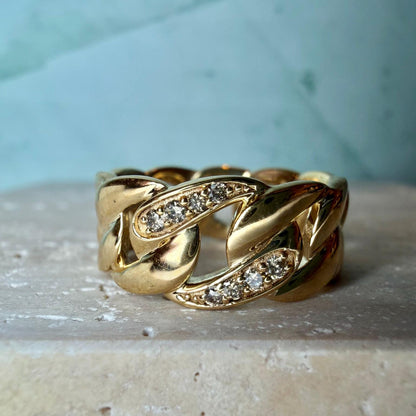 Natural Diamond Cuban Link Ring, 0.10 CTW Diamond Chunky Gold Chain Ring, Gold Plated Sterling Silver, HRD Antwerp Certified