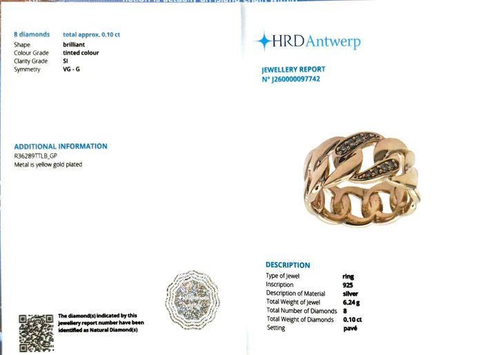 Natural Diamond Cuban Link Ring, 0.10 CTW Diamond Chunky Gold Chain Ring, Gold Plated Sterling Silver, HRD Antwerp Certified