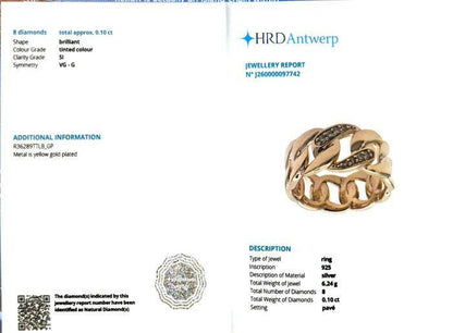 Natural Diamond Cuban Link Ring, 0.10 CTW Diamond Chunky Gold Chain Ring, Gold Plated Sterling Silver, HRD Antwerp Certified