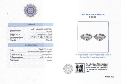 1.54 Ct Color Change Sapphire | Natural Unheated Sapphire | Green to Purplish Pink | Certified Marquise Loose Gemstone