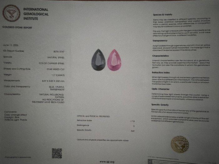 1.17 Ct Color Change Spinel | Natural Untreated Spinel | Blue Purple to Pink | Certified Pear Cut Loose Gemstone