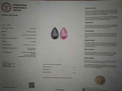 1.17 Ct Color Change Spinel | Natural Untreated Spinel | Blue Purple to Pink | Certified Pear Cut Loose Gemstone