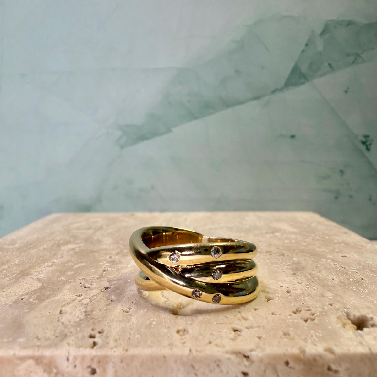 Natural Diamond Crossover Ring, Gold Plated Sterling Silver Statement Ring, 5 Diamond Wide Band Ring, HRD Certified Jewelry