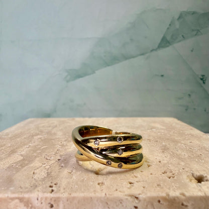 Natural Diamond Crossover Ring, Gold Plated Sterling Silver Statement Ring, 5 Diamond Wide Band Ring, HRD Certified Jewelry