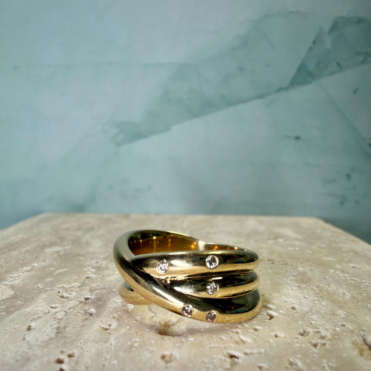 Natural Diamond Crossover Ring, Gold Plated Sterling Silver Statement Ring, 5 Diamond Wide Band Ring, HRD Certified Jewelry