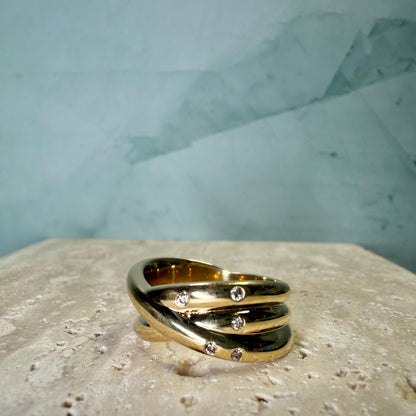 Natural Diamond Crossover Ring, Gold Plated Sterling Silver Statement Ring, 5 Diamond Wide Band Ring, HRD Certified Jewelry