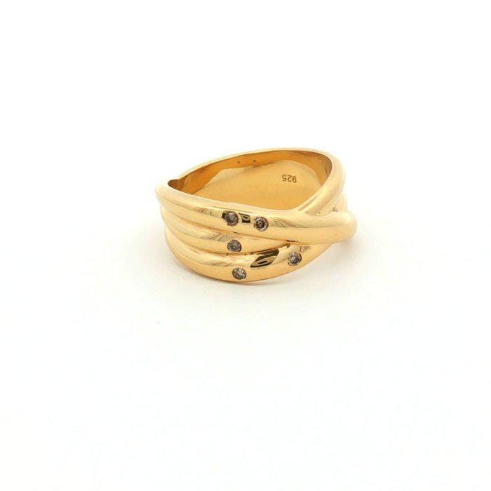 Natural Diamond Crossover Ring, Gold Plated Sterling Silver Statement Ring, 5 Diamond Wide Band Ring, HRD Certified Jewelry