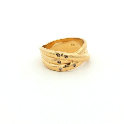 Natural Diamond Crossover Ring, Gold Plated Sterling Silver Statement Ring, 5 Diamond Wide Band Ring, HRD Certified Jewelry