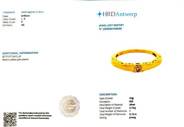 Natural Diamond Solitaire Ring 0.15 Ct, Gold Plated Sterling Silver Ring, Delicate Filigree Band, HRD Certified Diamond Jewelry