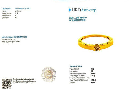 Natural Diamond Solitaire Ring 0.15 Ct, Gold Plated Sterling Silver Ring, Delicate Filigree Band, HRD Certified Diamond Jewelry