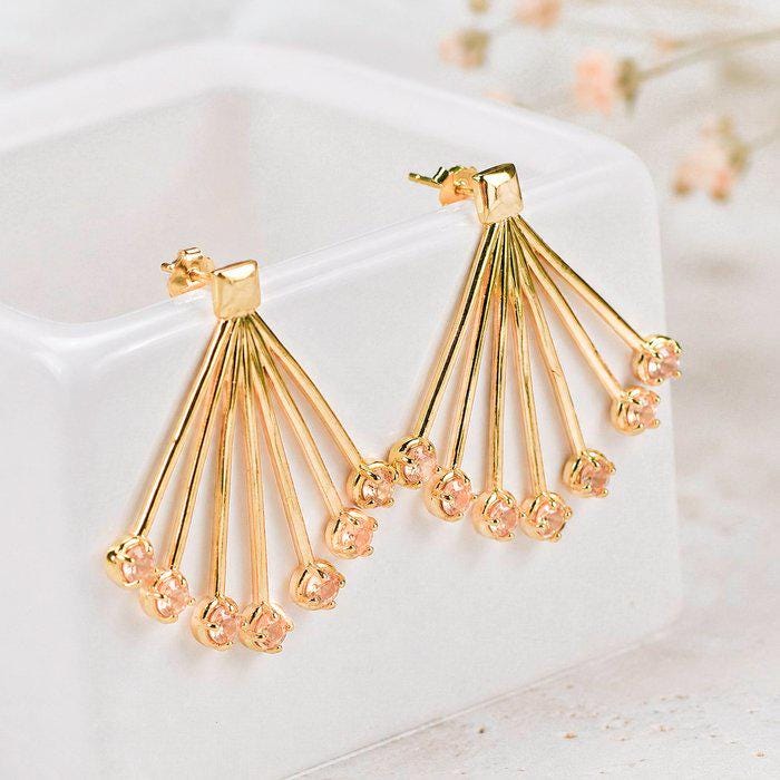 Natural Orange Garnet Fan Earrings | Gold Tone Sunburst Statement Earrings | Certified Gemstone Jewelry