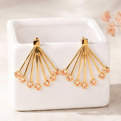 Natural Orange Garnet Fan Earrings | Gold Tone Sunburst Statement Earrings | Certified Gemstone Jewelry